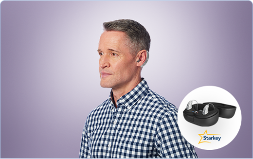 Digital hearing aid with charging case, representing rechargeable models.