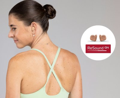 Rechargeable hearing aid model with modern design and advanced features.